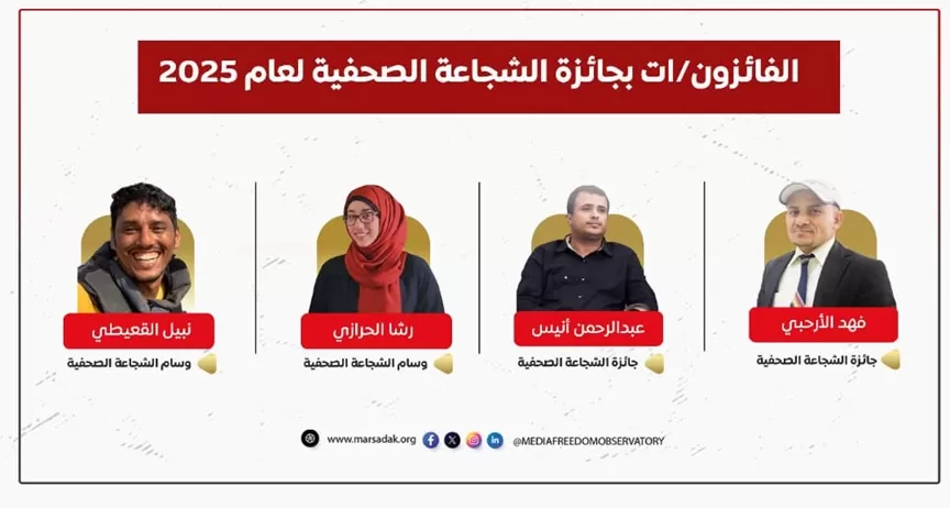 اليمن: مرصد الحريات الإعلامية يعلن فوز الأرحبي وأنيس بجائزة الشجاعة الصحافية لعام 2025